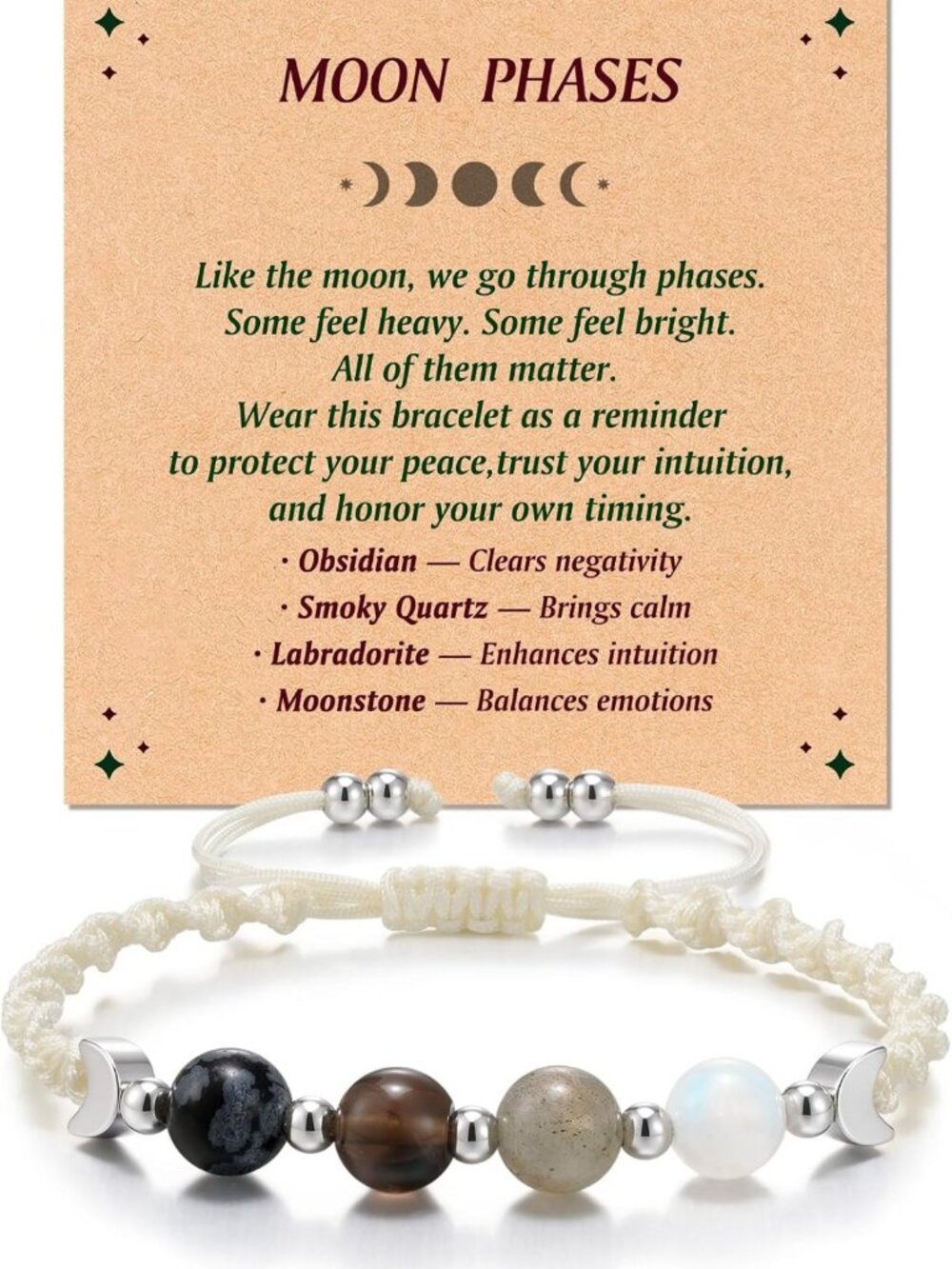 Moon Phase Crystal Healing Bracelet - Natural Stone Beaded Jewelry for Intuition